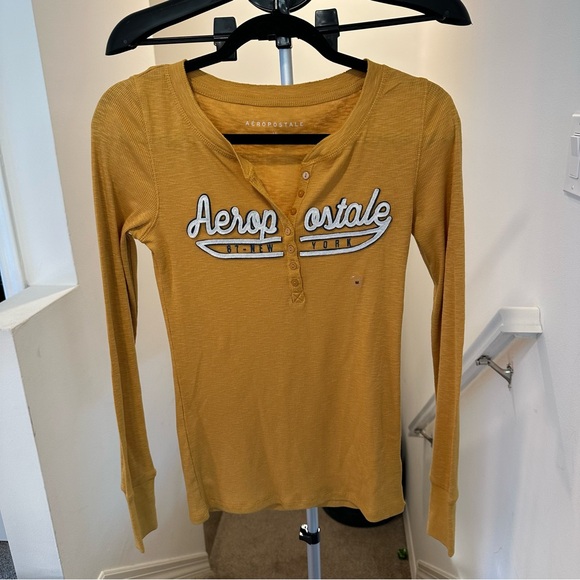 VTG Y2K Aeropostale Long Sleeve Aeropostale Ribbed Graphic Henley in Yellow NWOT - Picture 5 of 9